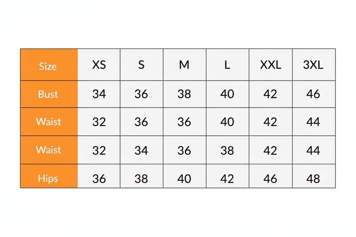 Size chart for clothing with measurements in centimeters
