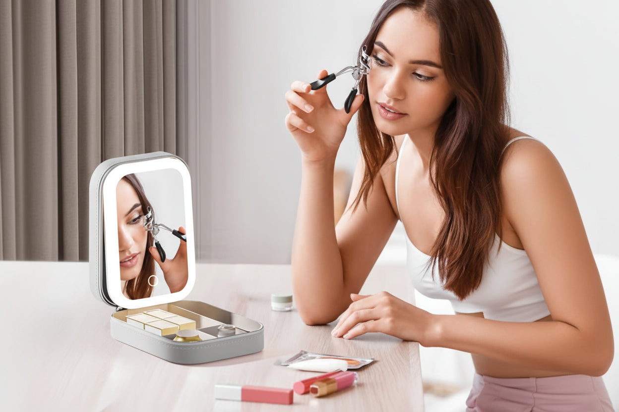 Woman using an eyelash curler in front of a compact mirror with lights on a table.