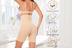 Woman wearing a beige shapewear garment with icons indicating tummy control, butt lifter, thigh slimmer, and smooth back features.