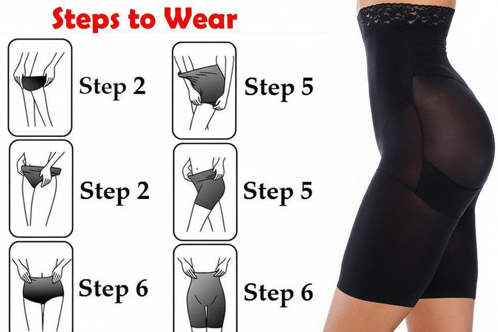 Black shapewear with step-by-step instructions on how to wear it.