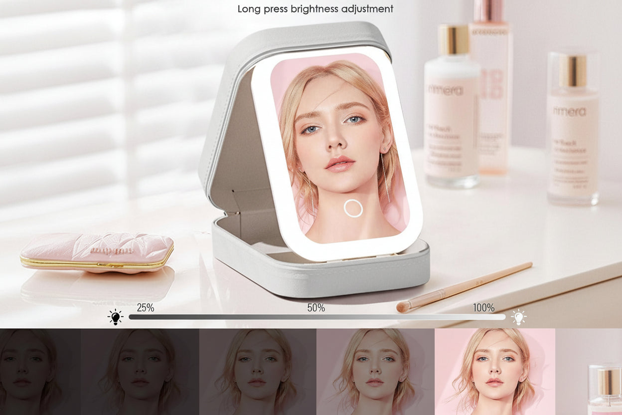 Light-up mirror with adjustable brightness on a table with skincare products.