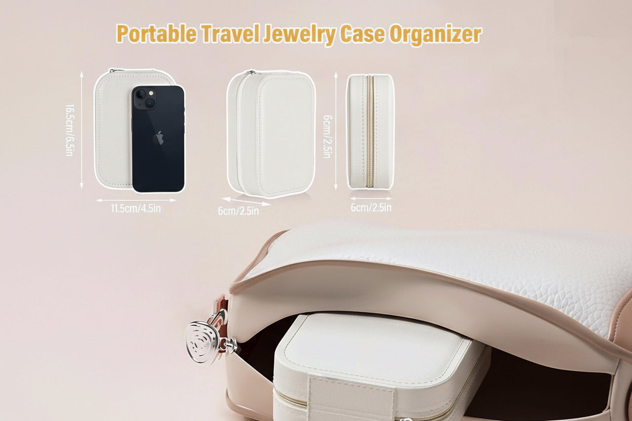 Portable travel jewelry case organizer with dimensions indicated on a light pink background