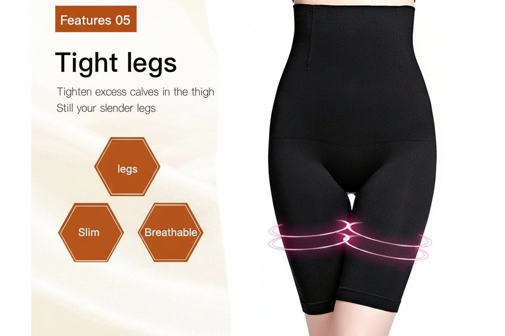 Black compression shorts with text highlighting features on a beige background