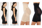 Before and after comparison of a woman wearing a shapewear product.