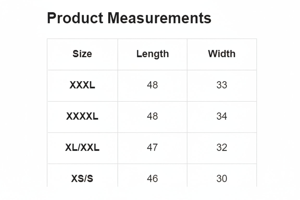 Table of product measurements with size, length, and width columns.